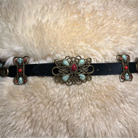black leather western concho belt faux coral and turquoise stones scroll design - Picture 13 of 17
